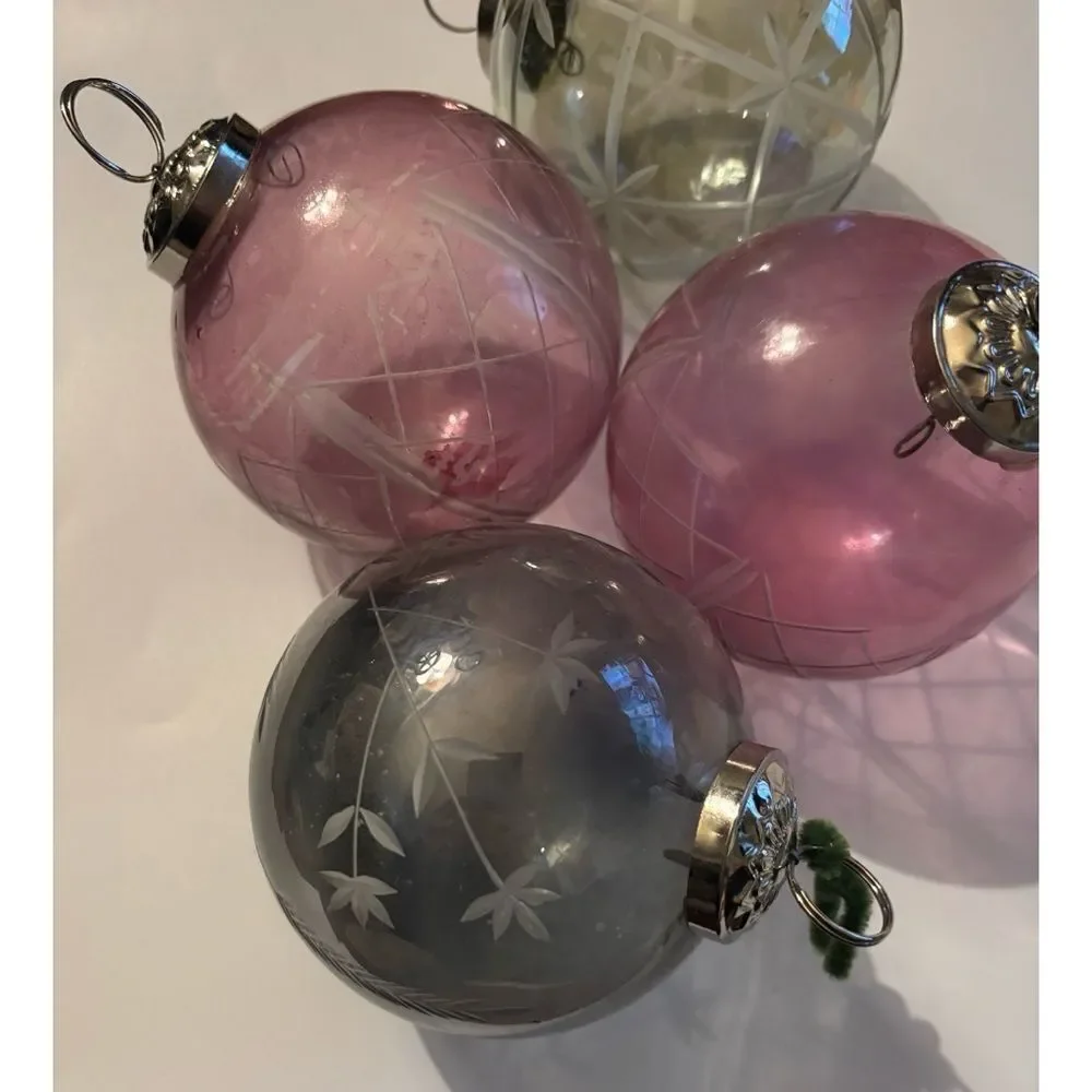 Vintage Pottery Barn Etched Glass Large Holiday Ornaments Set of 4